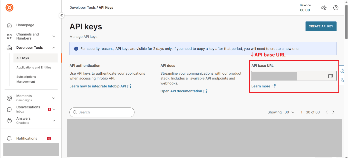 API base URLが表示されたInfobip API Keysページ。