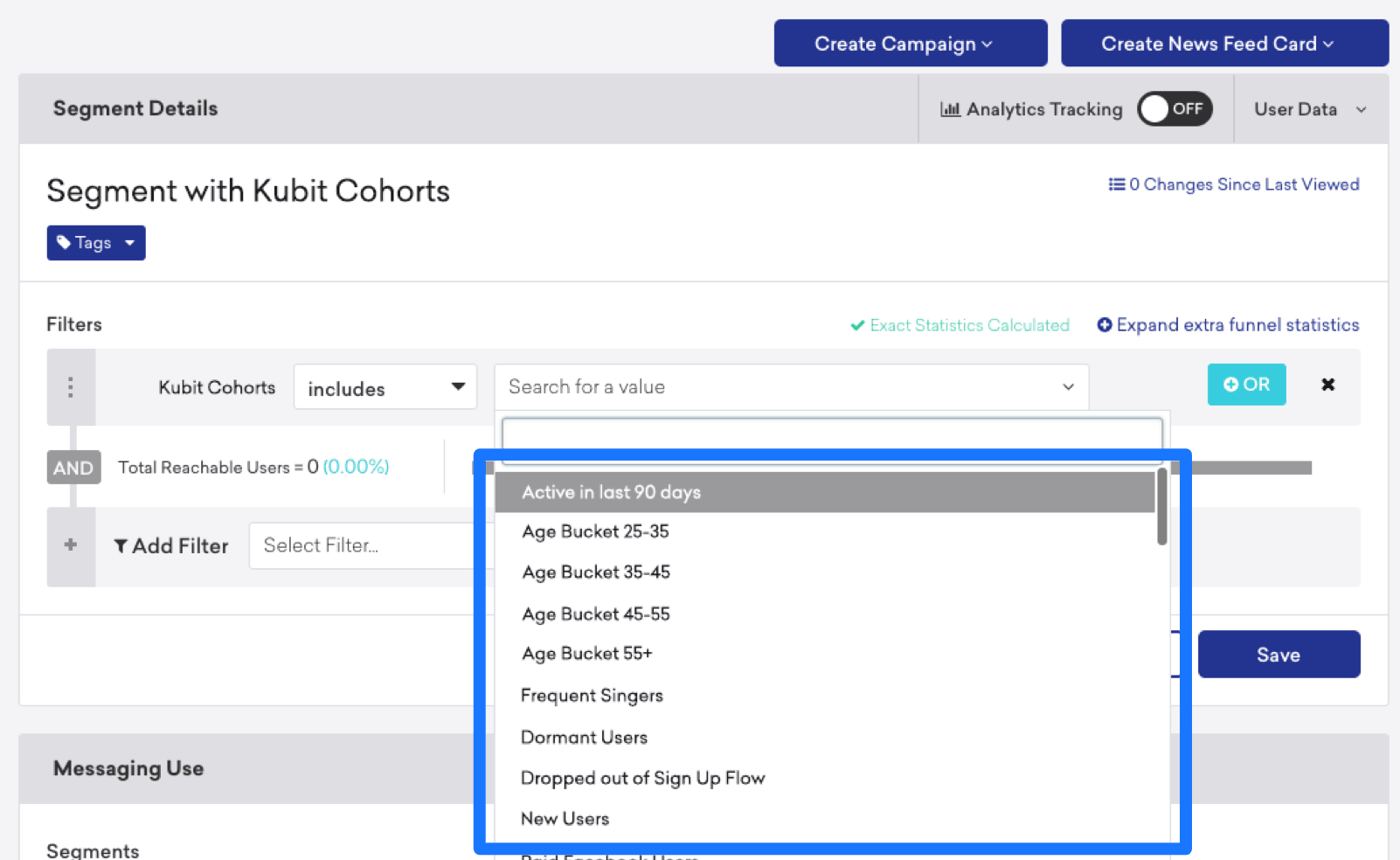 Brazeセグメントビルダーで、ユーザー属性「Kubitコホート」が"includes_value" に設定され、利用可能なコホートのリストが表示される。