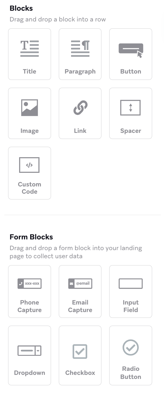 'Rows' と'Form Blocks' を含む'Build' セクション。