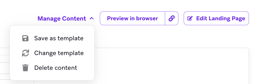 ランディングページを保存、変更、削除するオプションを含むドロップダウン。