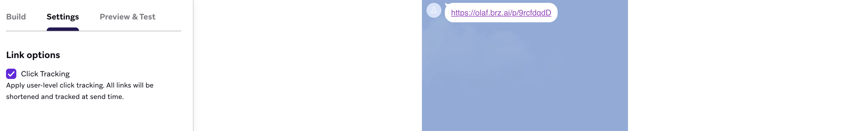 LINE メッセージ作成画面 "Settings" tab with " with "Click Tracking" toggled on and a プレビュー Text message containing a shortened URL: https://olaf.brz.ai/p/9rcfdqdD
