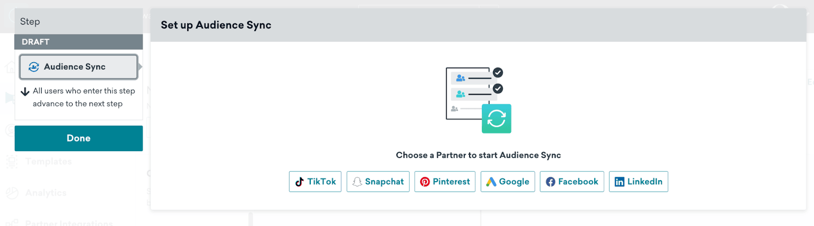 「オーディエンス同期の設定」の詳細。複数のパートナーから選択可能。
