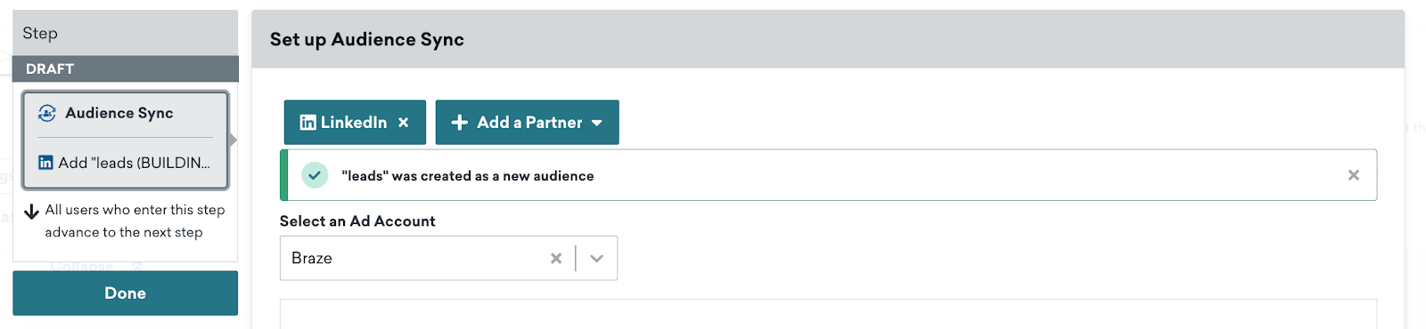 "leads"オーディエンスが作成されたことを確認します。
