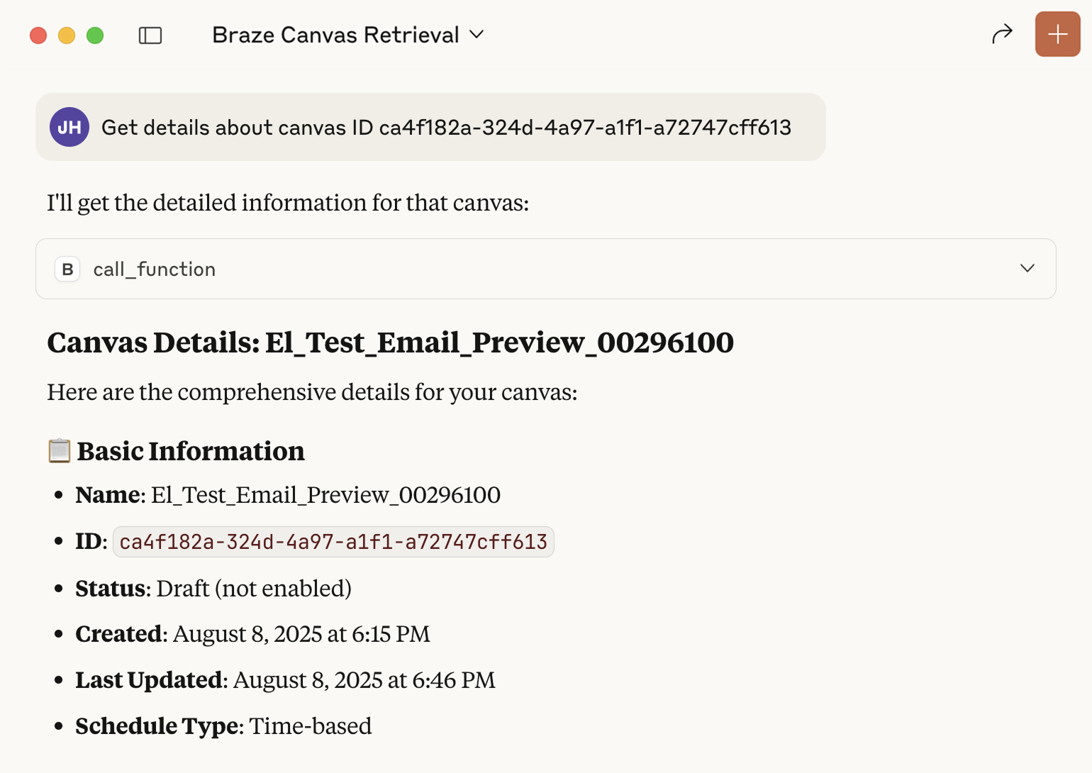 キャンバスIDの詳細を知りたい」という質問と答えがクロードで交わされている。