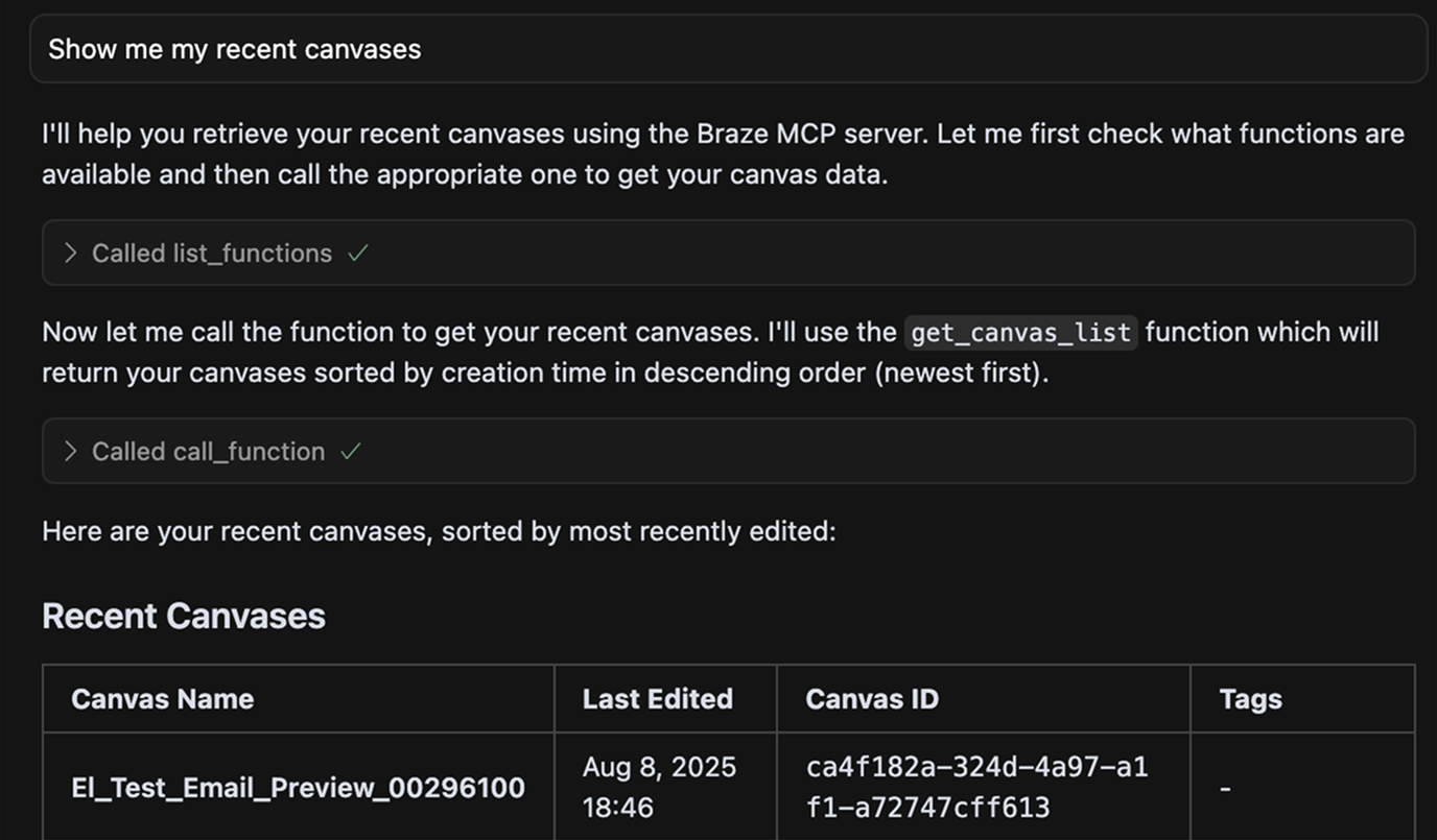 最近のキャンバスを見せてください」とカーソルで質問され、それに答えている。