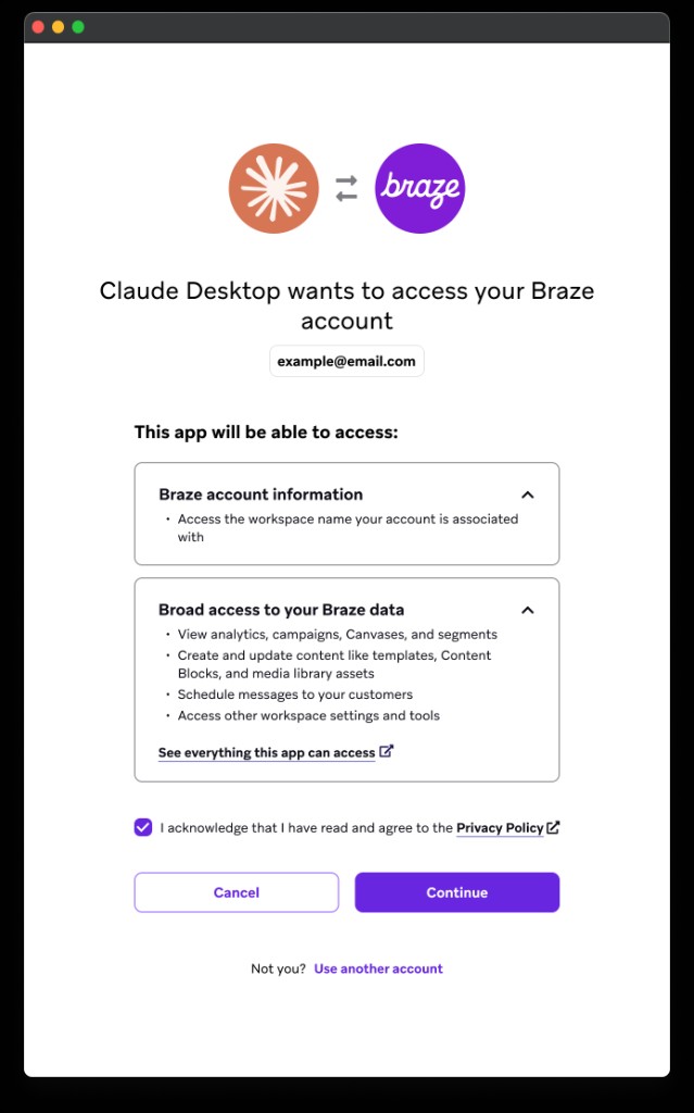 Claude DesktopがBrazeアカウント情報およびBrazeデータへの広範なアクセスを要求していることを示すBraze同意画面。プライバシーポリシーの確認チェックボックスと「Cancel」および「Continue」ボタンが表示されています。