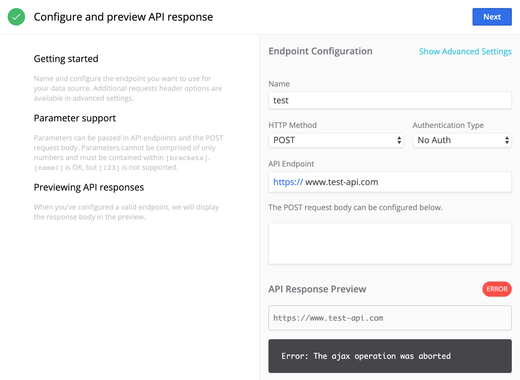 "API Integration"をデータソースとして選択すると表示されるフィールドs