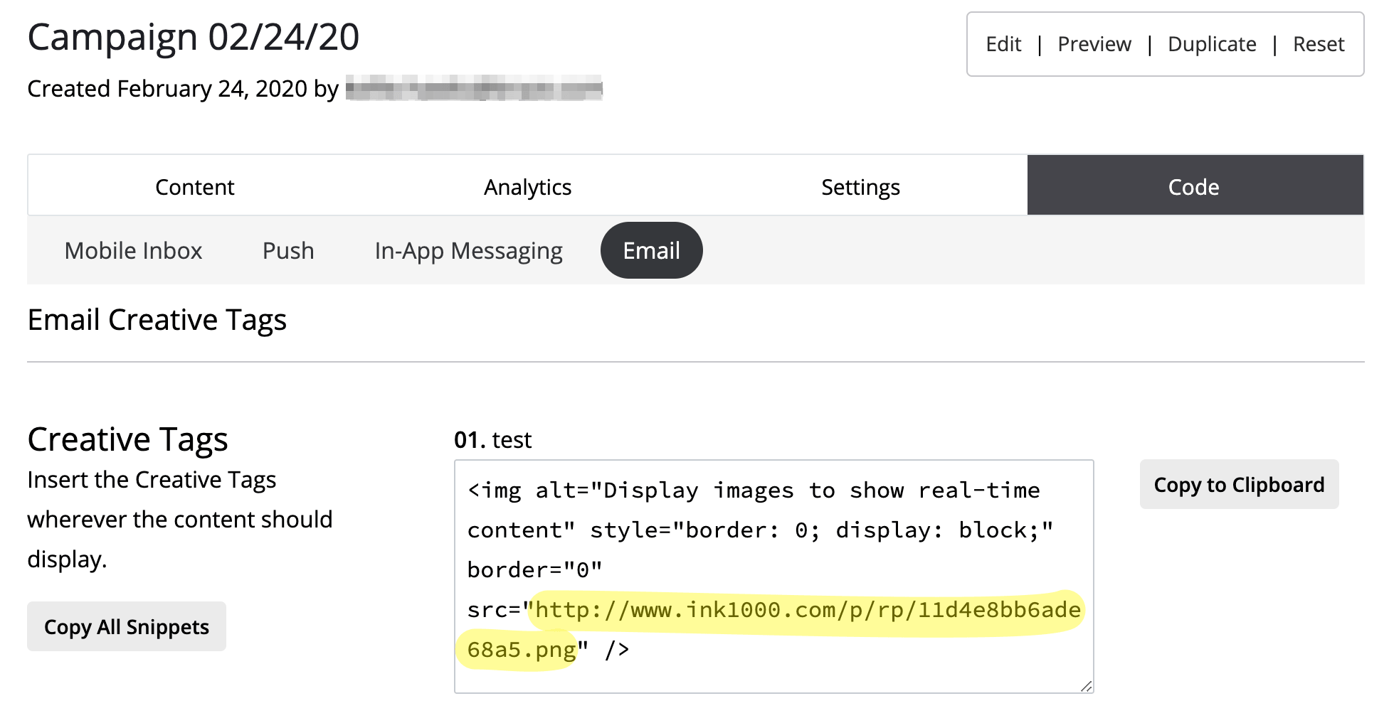 Movable Ink キャンペーンを完了するとアプリが表示されるページで、ここにコンテンツURL が表示されます。