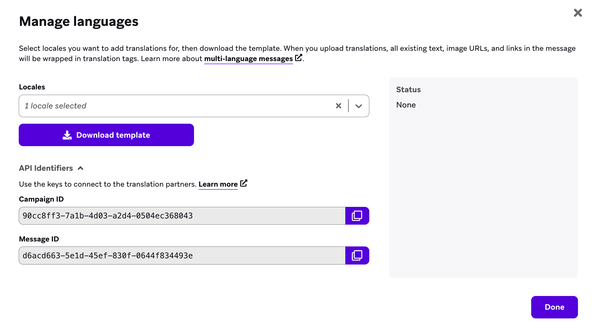 "languages"選択した1つのロケールでモーダルします。