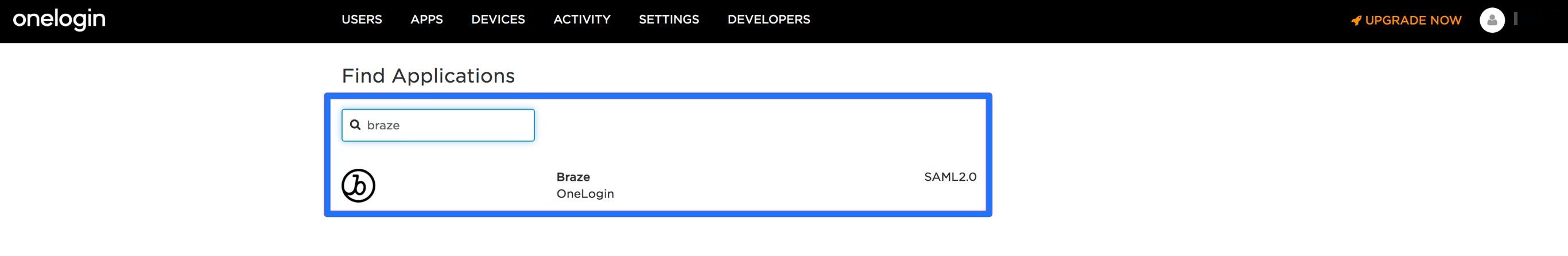 OneLoginにおけるBrazeの検索結果。