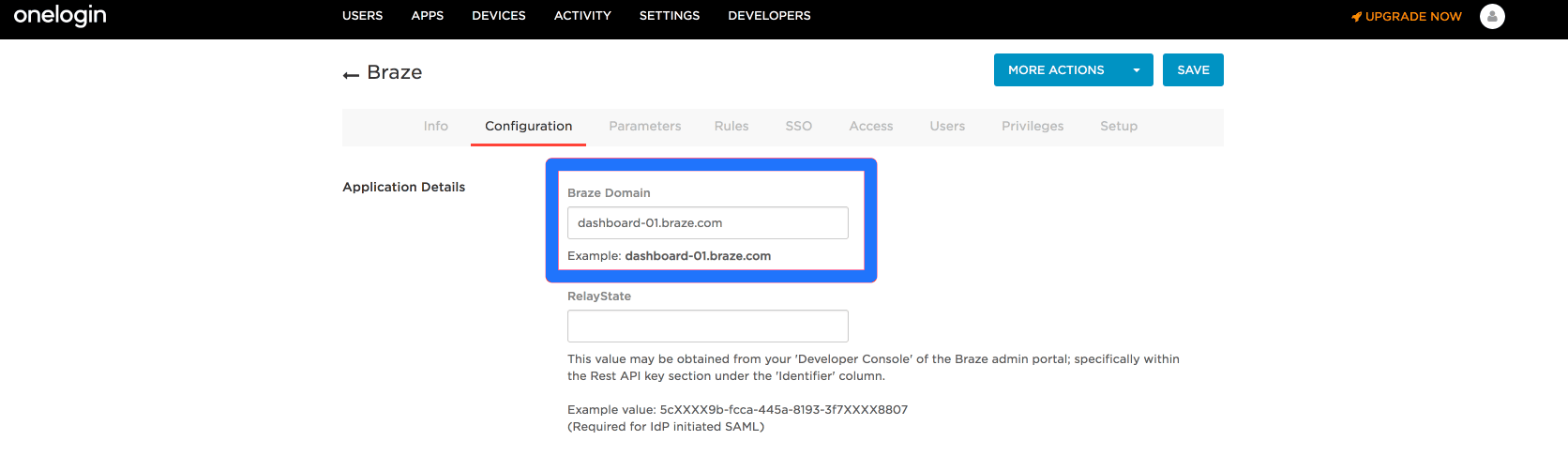 BrazeアプリのOneLogin Configurationタブ。