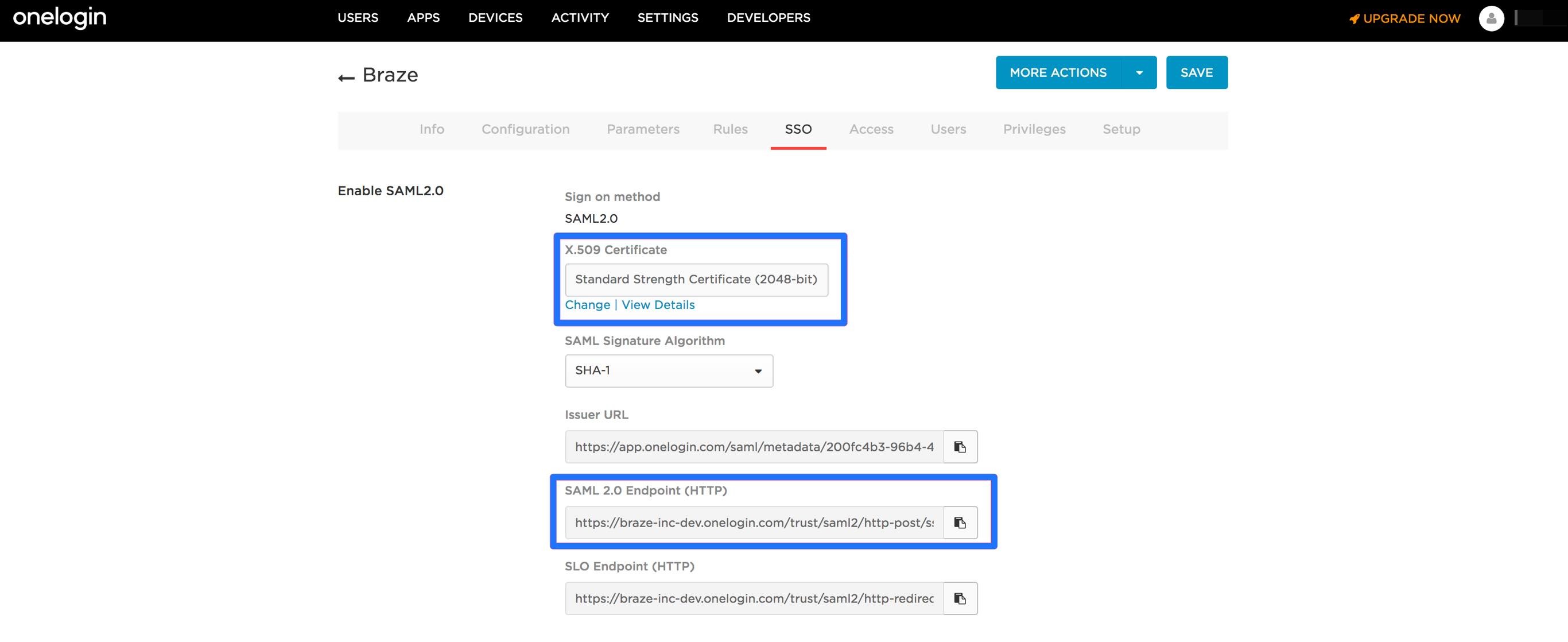 OneLoginのBrazeアプリSSOタブからコピーする証明書。