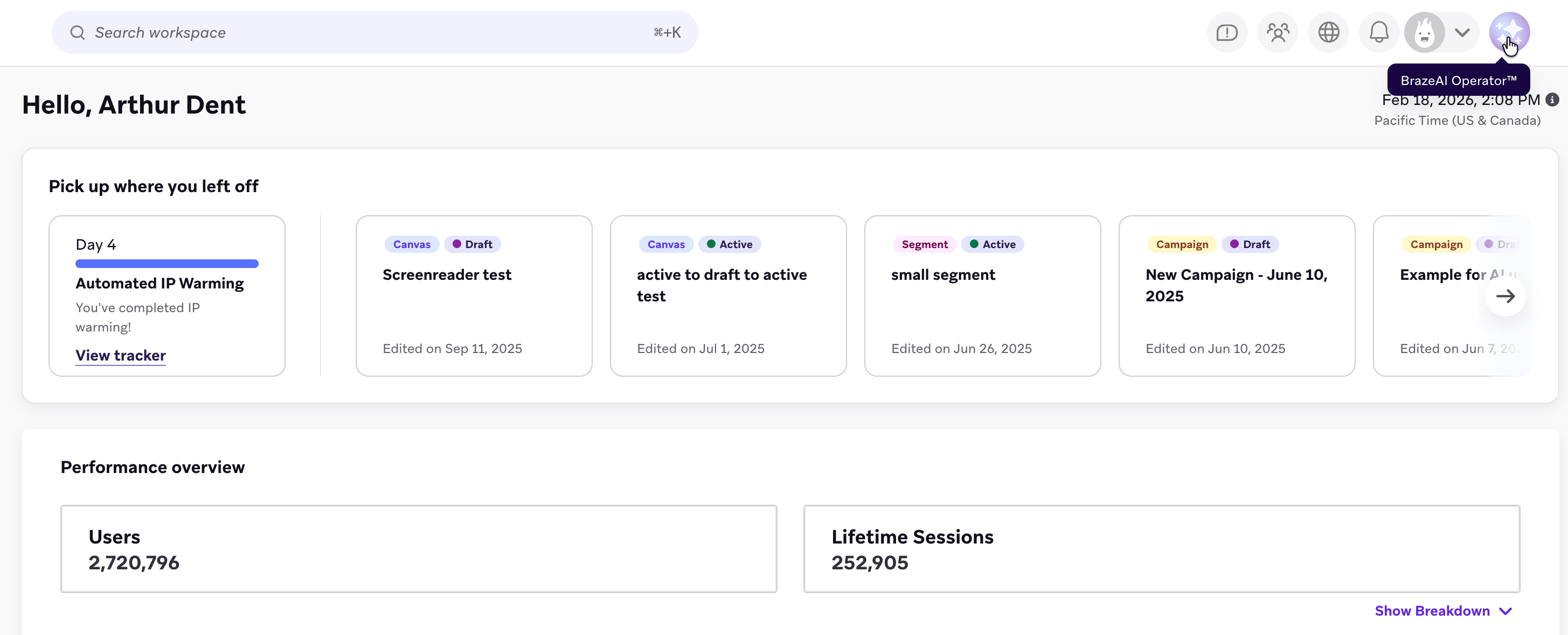 ユーザープロファイルの横にあるBrazeAIオペレータアイコン。