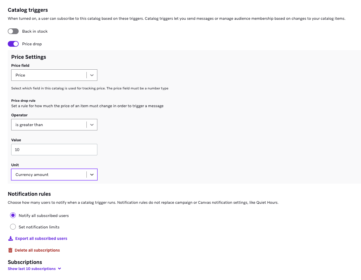 値下げ機能がオンになっていることを示すカタログ設定。値下げルールは、元の価格に対して3％の変更である。