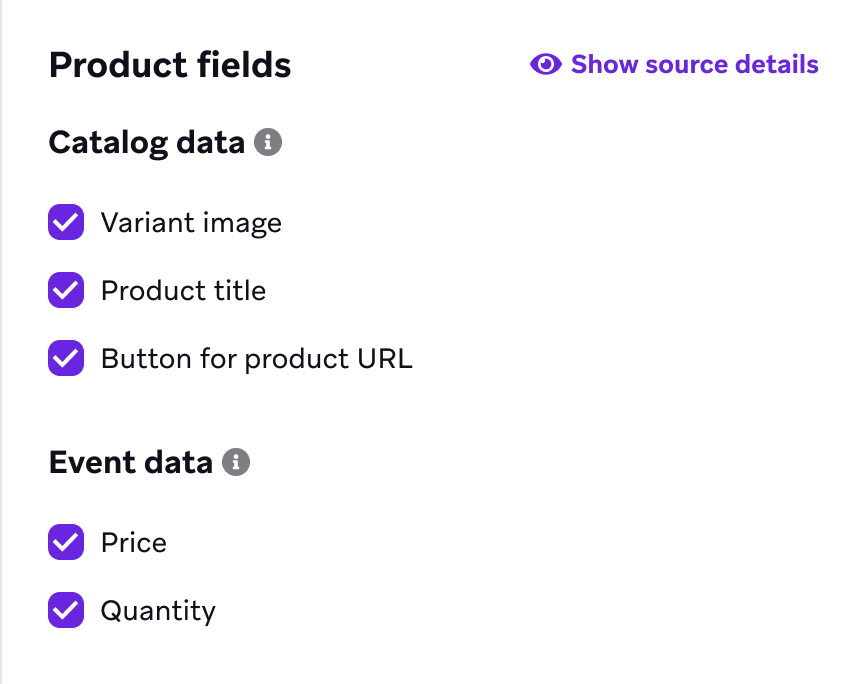 ダイナミックな商品ブロックの商品フィールド。カタログデータとイベントデータに分けられる。