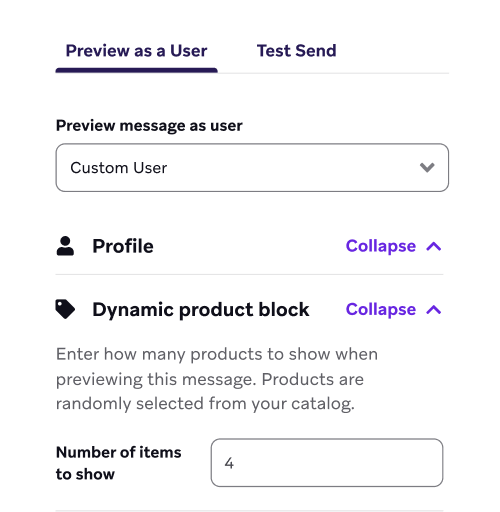 "ユーザーとしてプレビュー "タブにドロップダウン・セクション "ダイナミックな商品ブロック "を設け、4つのアイテムを表示するよう指定する。