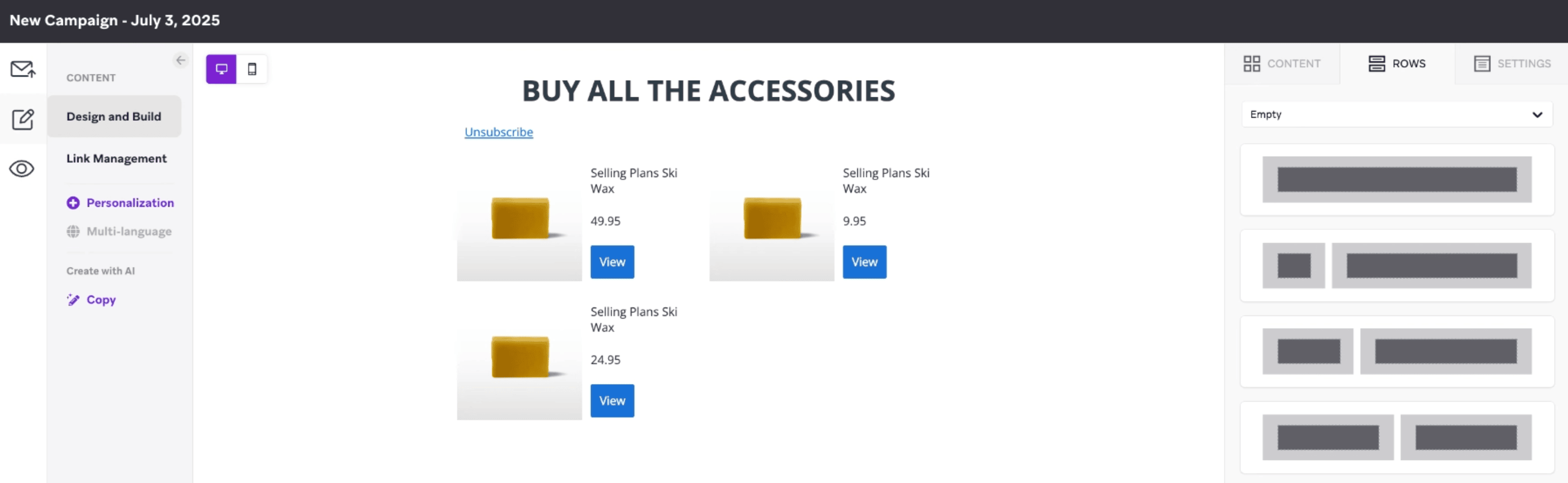 ドラッグ＆ドロップで商品ブロックを生成するメールコンポーザー。