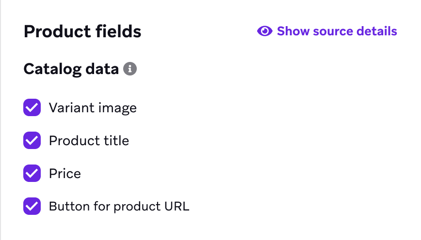 静的商品ブロックの商品フィールドで、すべてカタログデータに分類される。