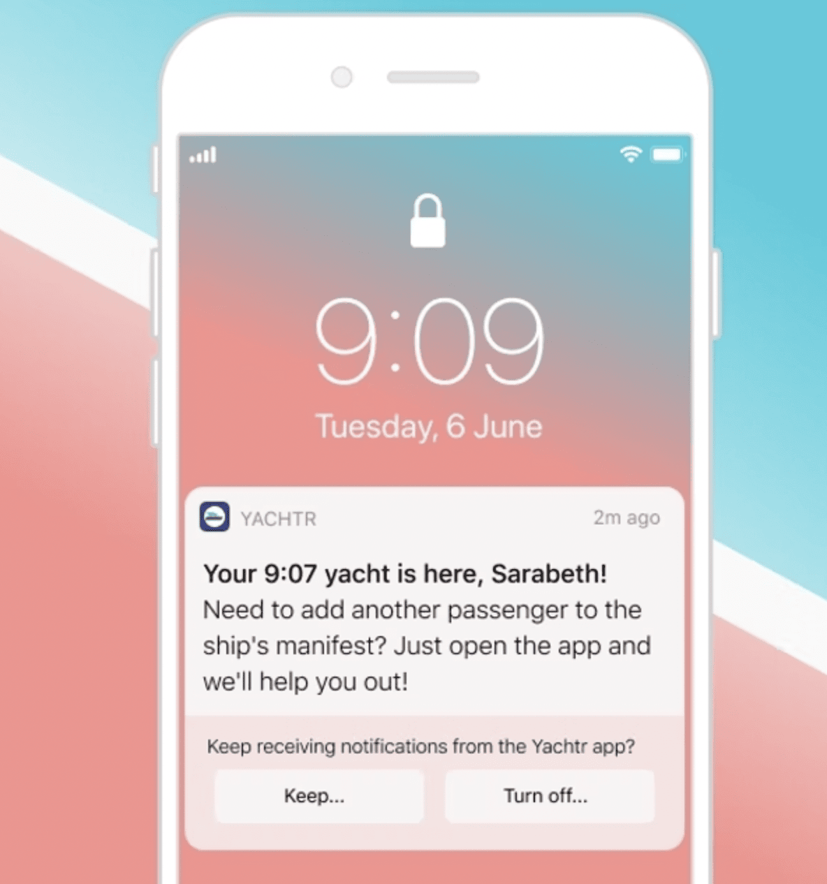 システムの通知センターに通知が表示され、下部に "Yachtrアプリからの通知を受信し続けますか？"というメッセージと、その下に "Keep "または "Turn Off "の2つのボタンが表示される。
