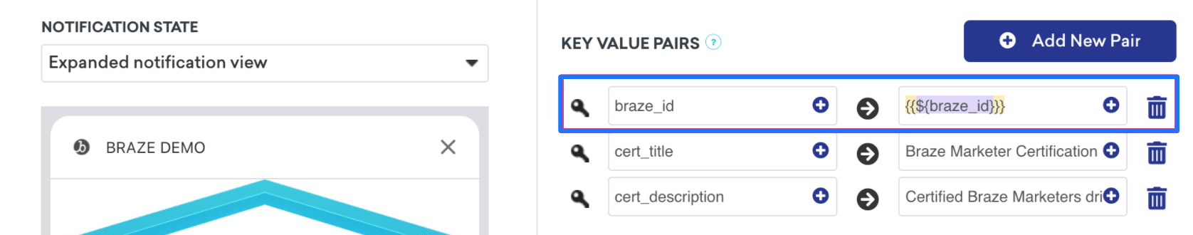 キーと値のペアが3セットあるプッシュメッセージ。1."Braze_id" Braze IDを取得するためのLiquidコールとして設定。2."cert_title" を「マーケター証明書」に設定。3."Cert_description" "Certified Braze marketers drive... "と設定する。