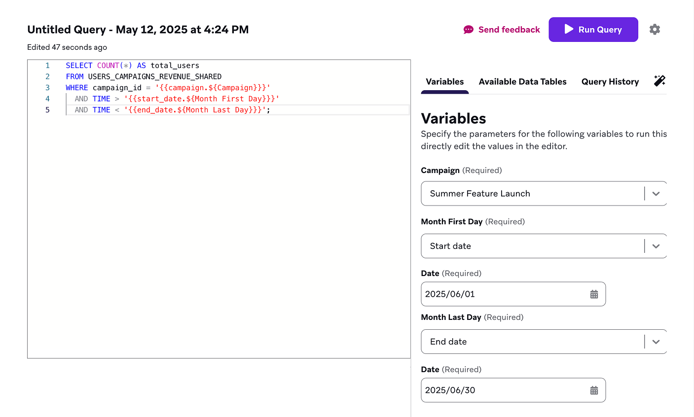 Query Builderの"Variable"タブに、指定した例が表示されます。
