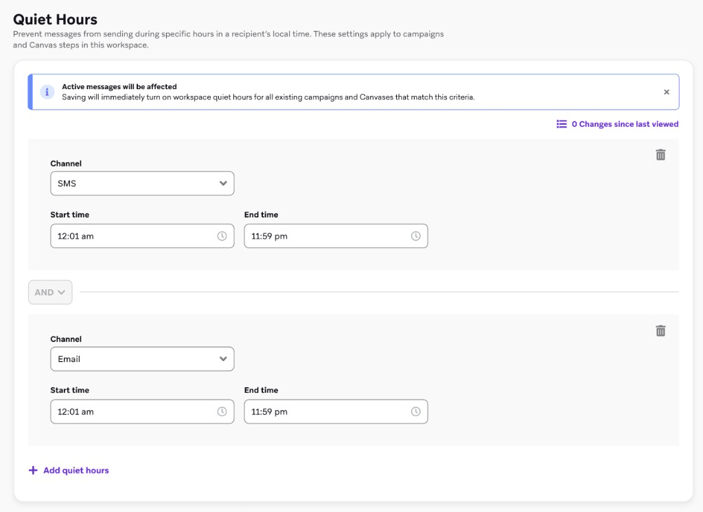 SMSとメールのサイレント時間ウィンドウが表示されたワークスペースのサイレント時間設定ページ。それぞれに開始時刻と終了時刻があり、サイレント時間を追加するオプションがあります。