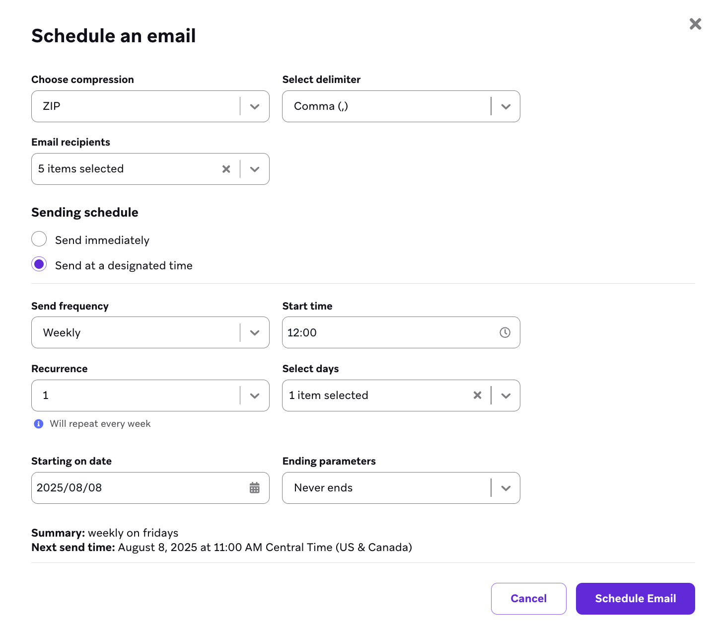 "メール&quot をスケジュールします。ウィンドウにフィールドs を付けて、レポートのフォーマット方法、受信者、送信時期を選択します。