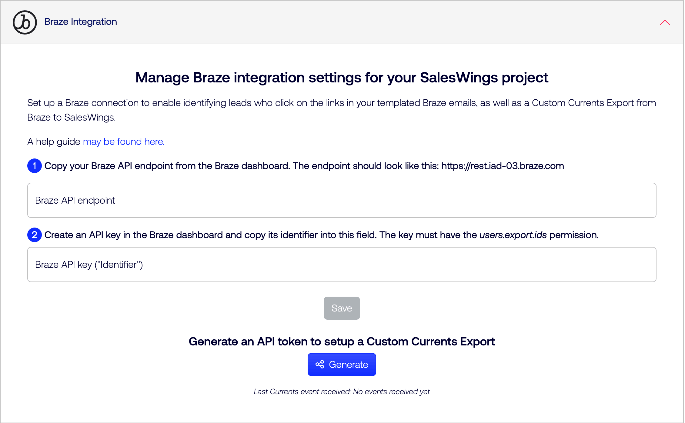 [SalesWings Settings] ページの [Braze Integration] セクション。