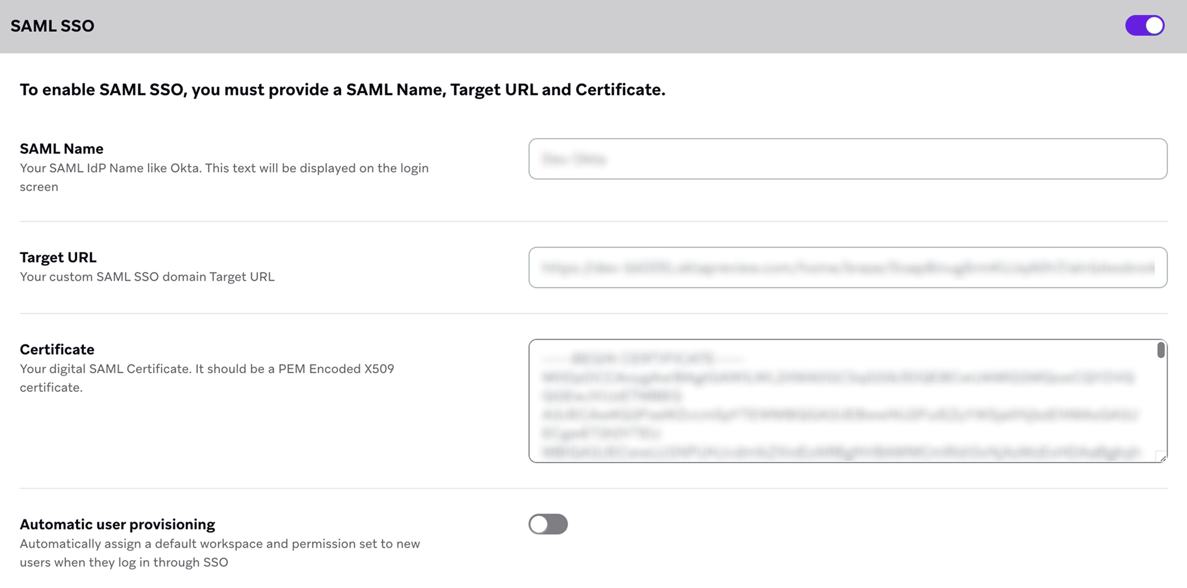 トグルが選択された SAML SSO 設定。