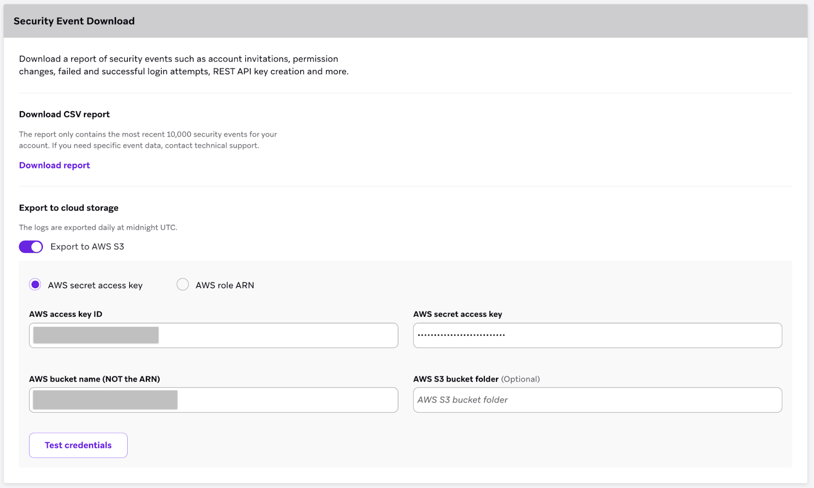 Braze アカウントと Braze external ID が入力された「セキュリティイベントのダウンロード」ページ。