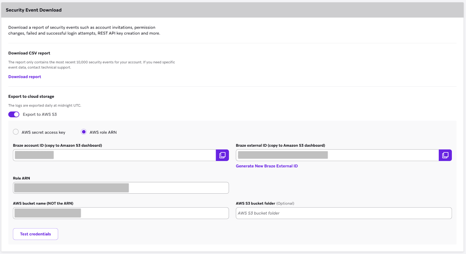 「Export to AWS S3」のトグルがオンになっている「セキュリティイベントのダウンロード」セクション。
