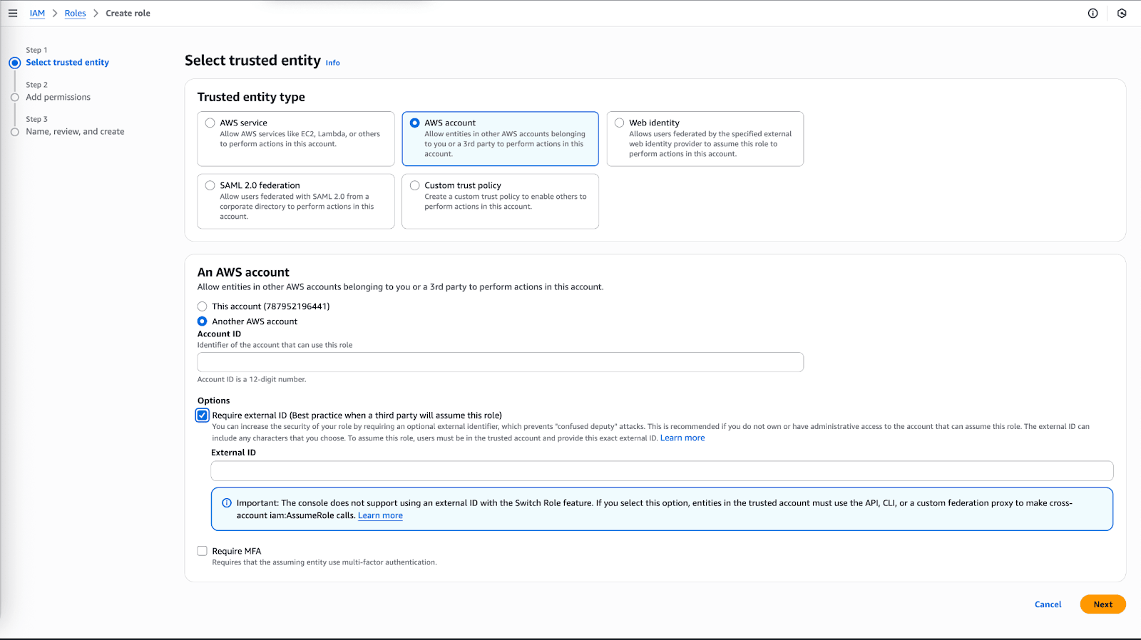 信頼されたエンティティタイプを選択し、AWS アカウントの情報を入力するオプションがあるページ。