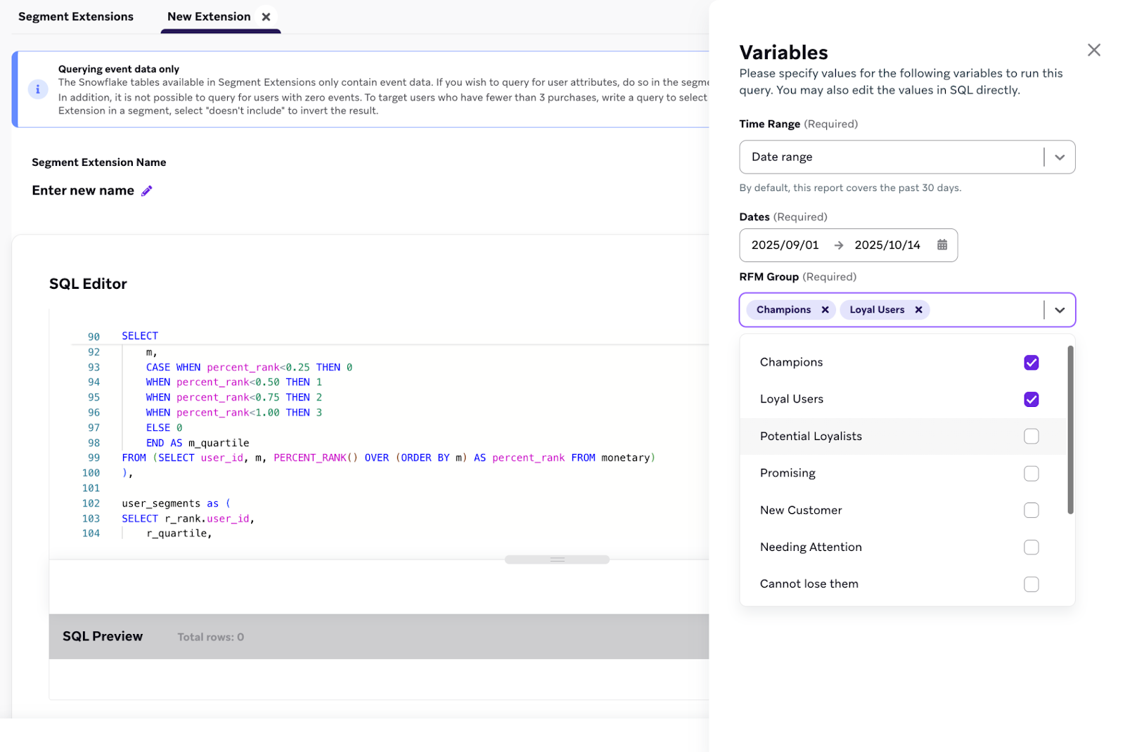 "Champions"および"Loyal Users" RFMグループが選択された変数パネル。