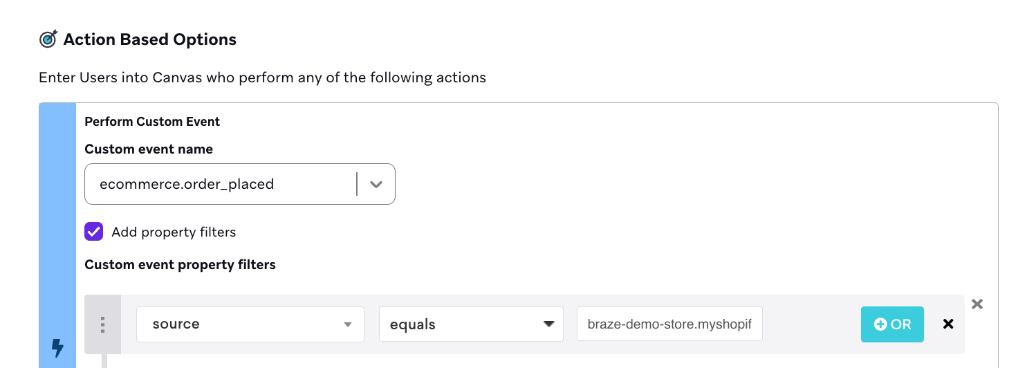 `ecommerce.order_placed`カスタムイベントを実行したユーザーをエントリさせるトリガーを持つアクションベースのCanvas。
