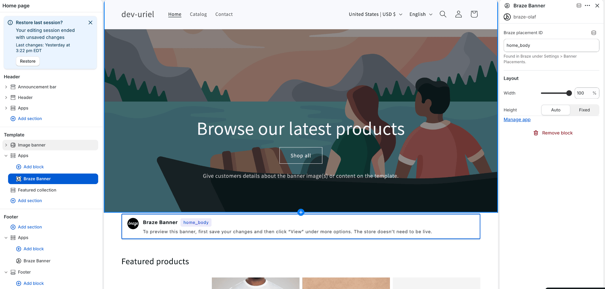Shopifyテーマエディターで、Appsメニューが開かれ、バナーを追加するためにBrazeアプリブロックが選択されています。