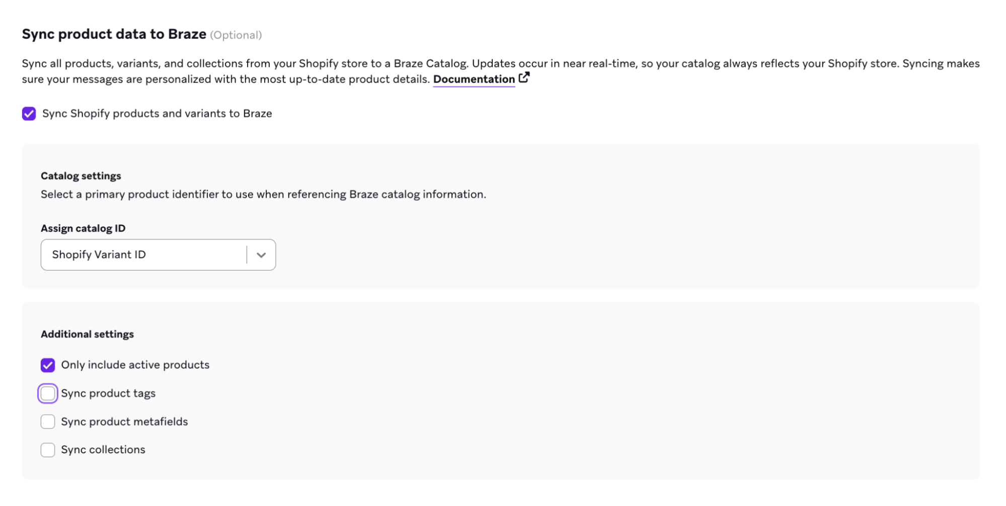 設定プロセスのステップ3。「カタログの商品識別子」に「Shopify Variant ID」が設定されている。