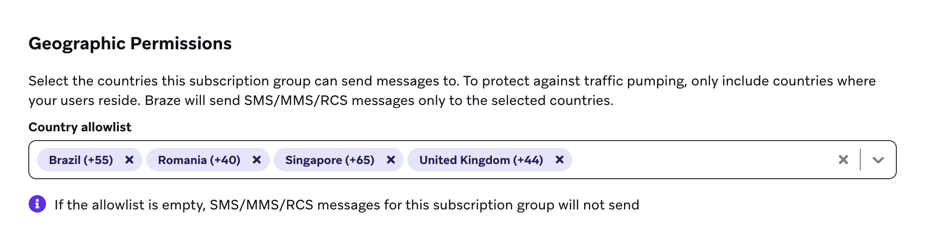 「"Country allowlist"」で選択した、オーストラリア、カナダ、および米国の管理者用の編集可能なSMS 地理的権限セクション。