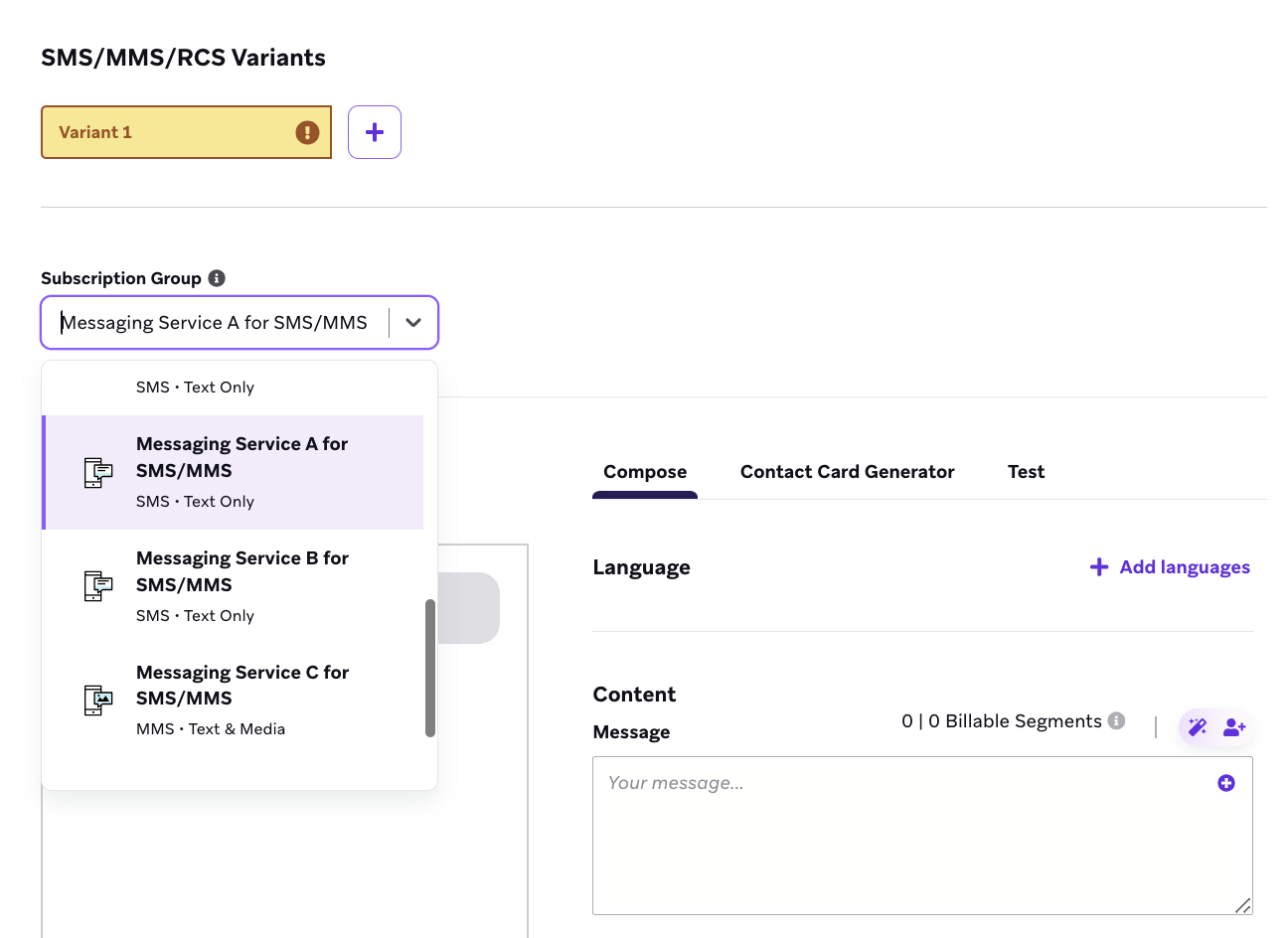 ユーザーが購読グループのドロップダウンを開き、[Messaging Service A for SMS] を強調表示した SMS 作成画面。