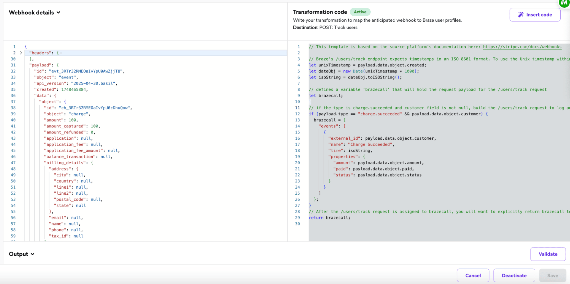 Webhookの詳細と変換コードの例。