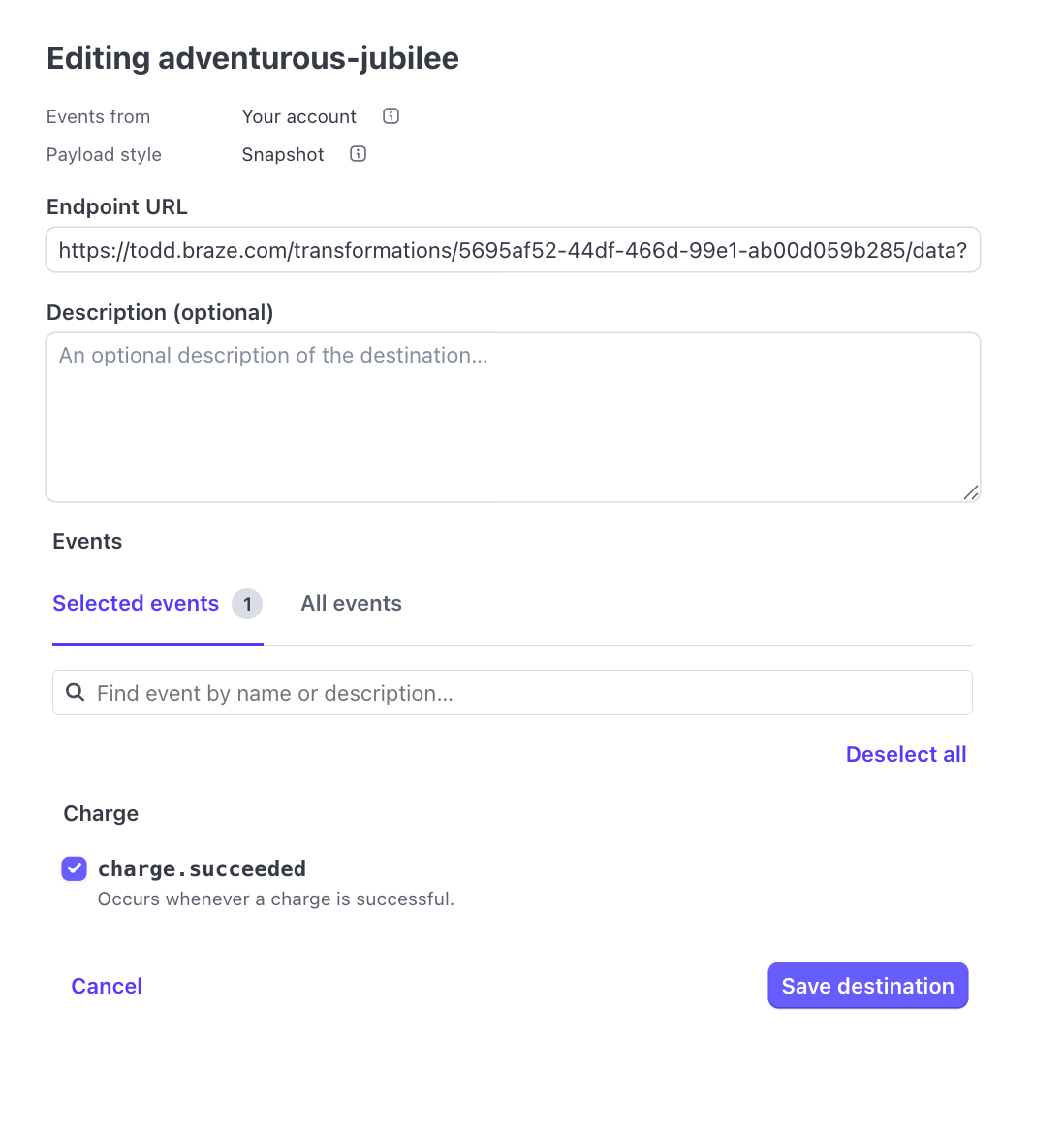 StripeのWebhook設定例。