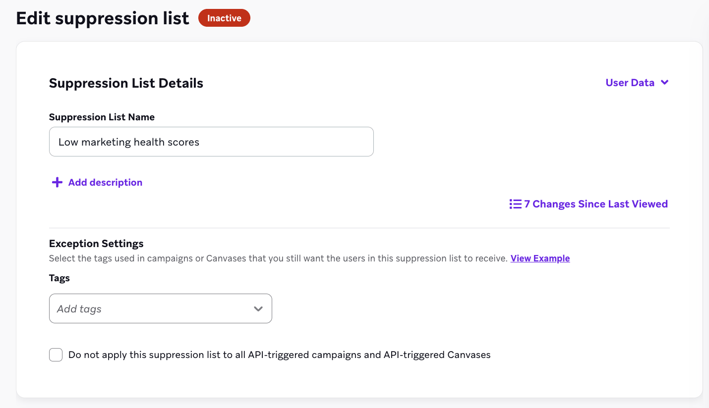 "Exception Settings"では、抑制一覧をAPI-トリガー ed キャンペーン s およびCanvases にアプリしないようにするチェックボックスがあります。