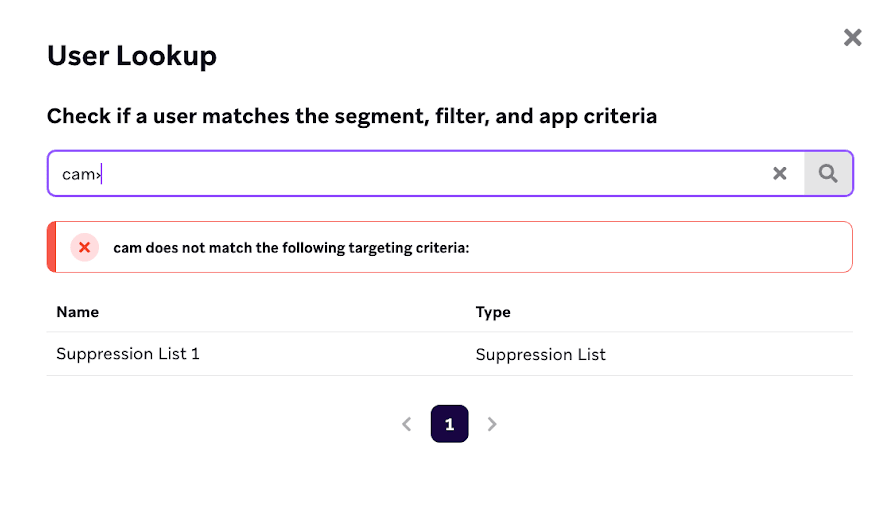 "ユーザー Lookup" ユーザーがサプレッションリストにあることを示すウィンドウ。