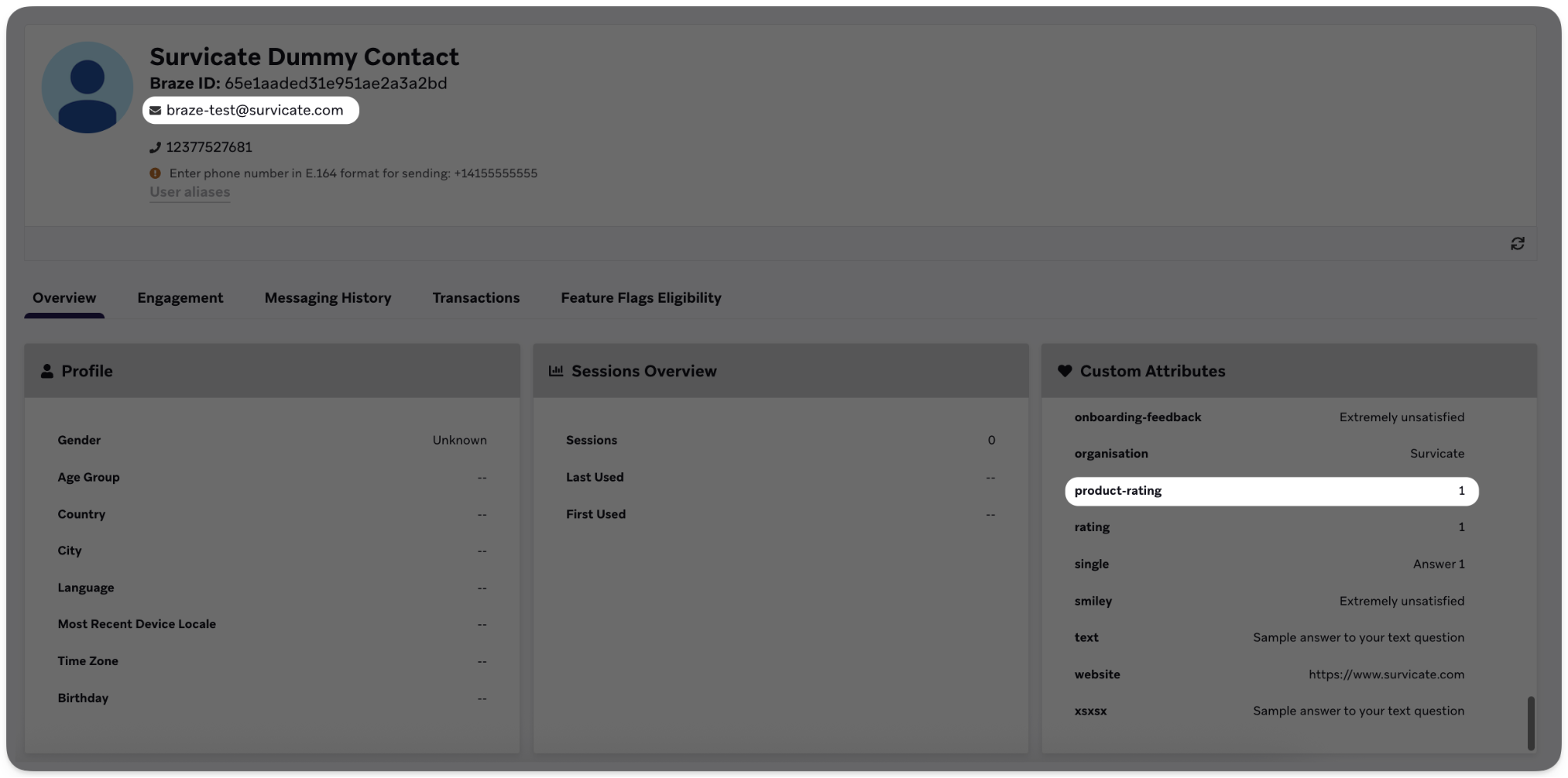 Survicateダミーコンタクトのマッピングされたフィールドのサンプルデータ