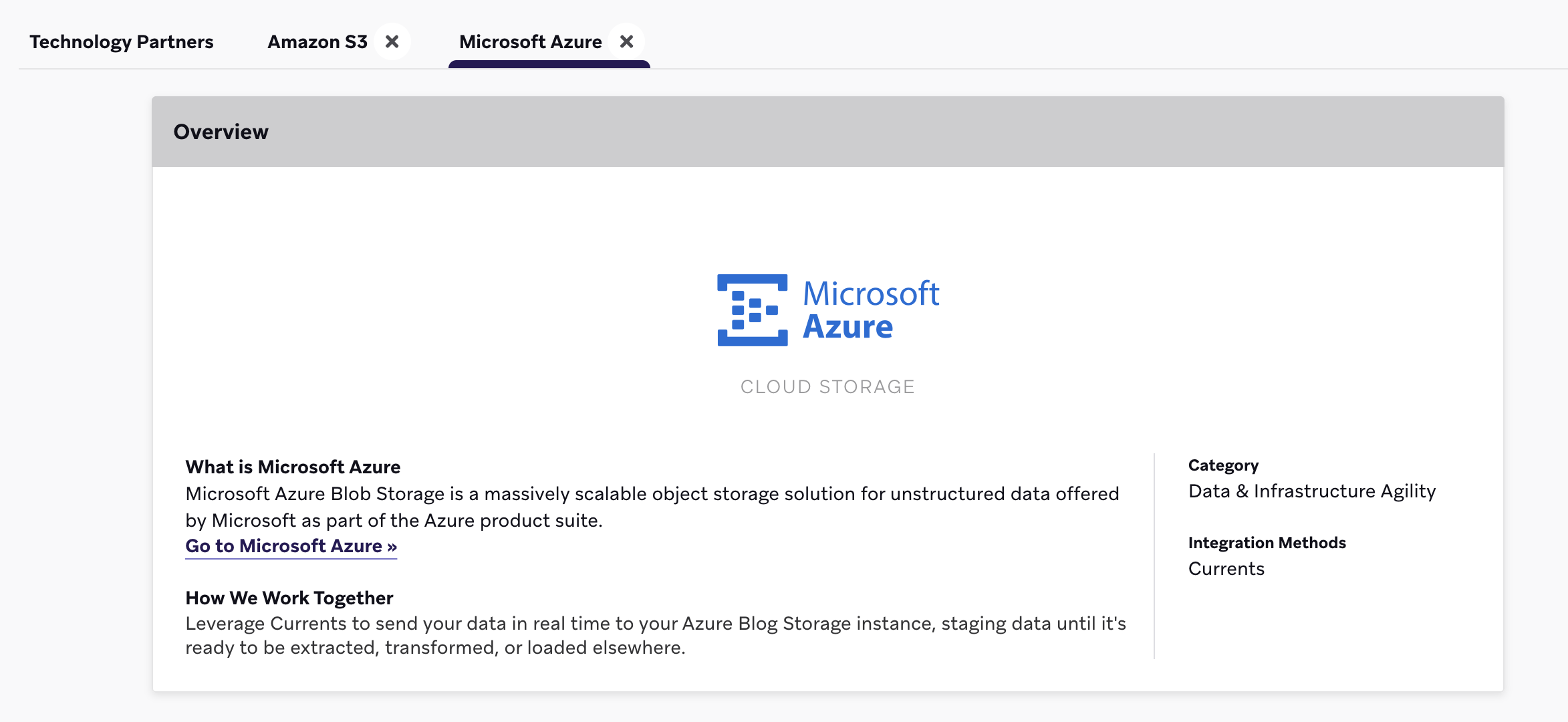 Azure のテクノロジーパートナーページ。Amazon S3 のタブ付き。