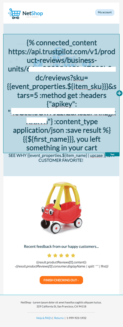 コネクテッドコンテンツはLiquidを使ってメールに情報を取り込む。