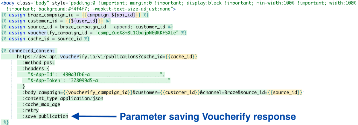 コネクテッドコンテンツのスクリプトで、コネクテッドコンテンツ呼び出しの最後にVoucherifyのレスポンスを保存することを示す