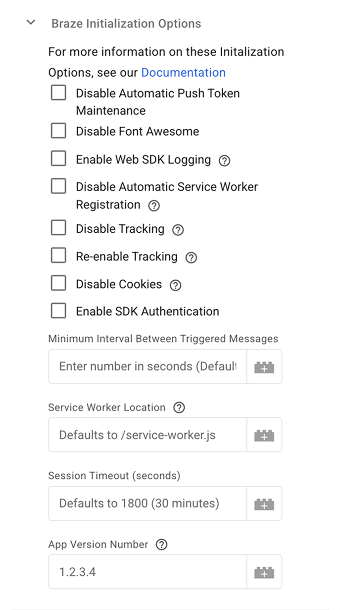 タグ設定」の下にあるBraze初期化オプションのリスト。