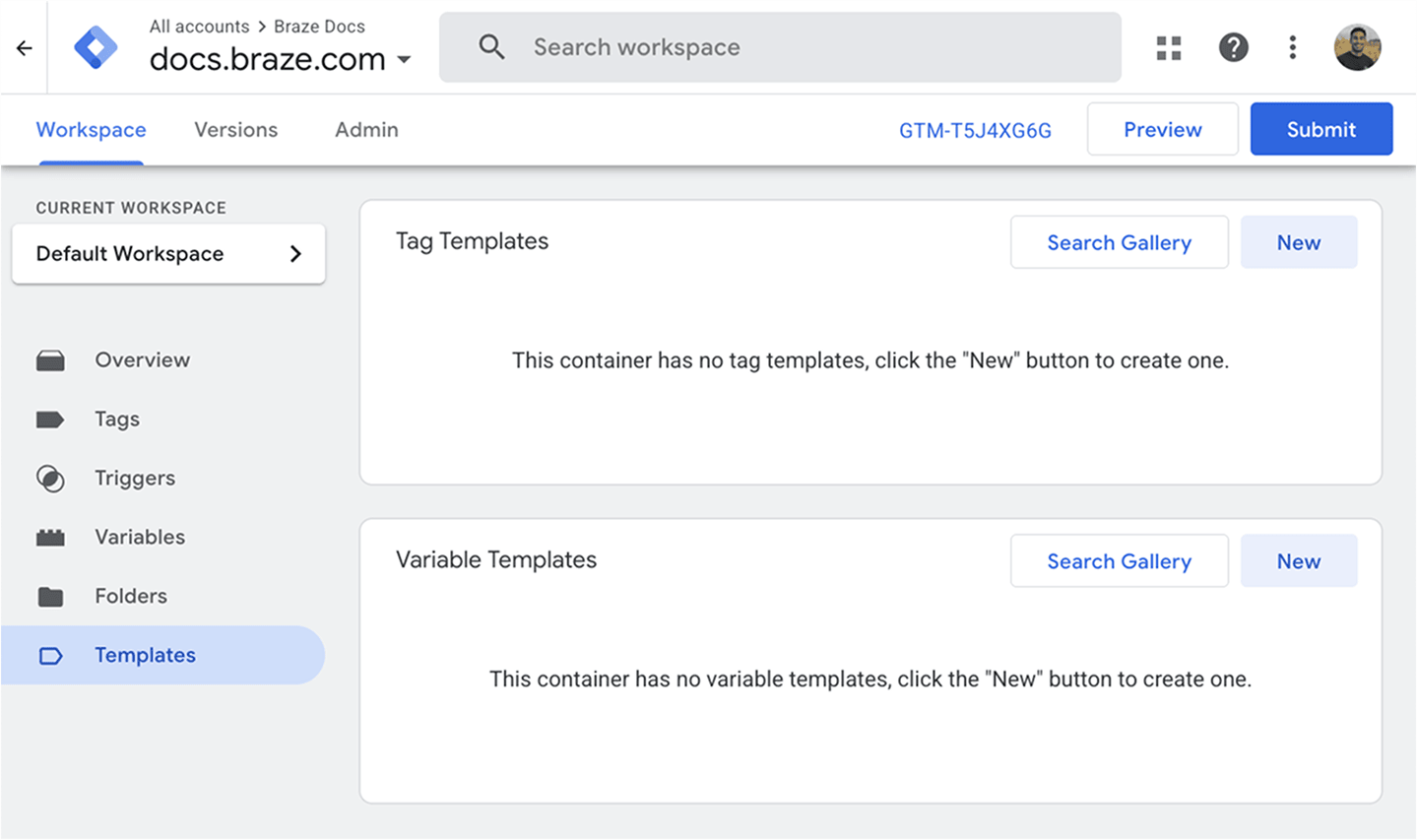 Google Tag Managerのワークスペース例のテンプレートページ。