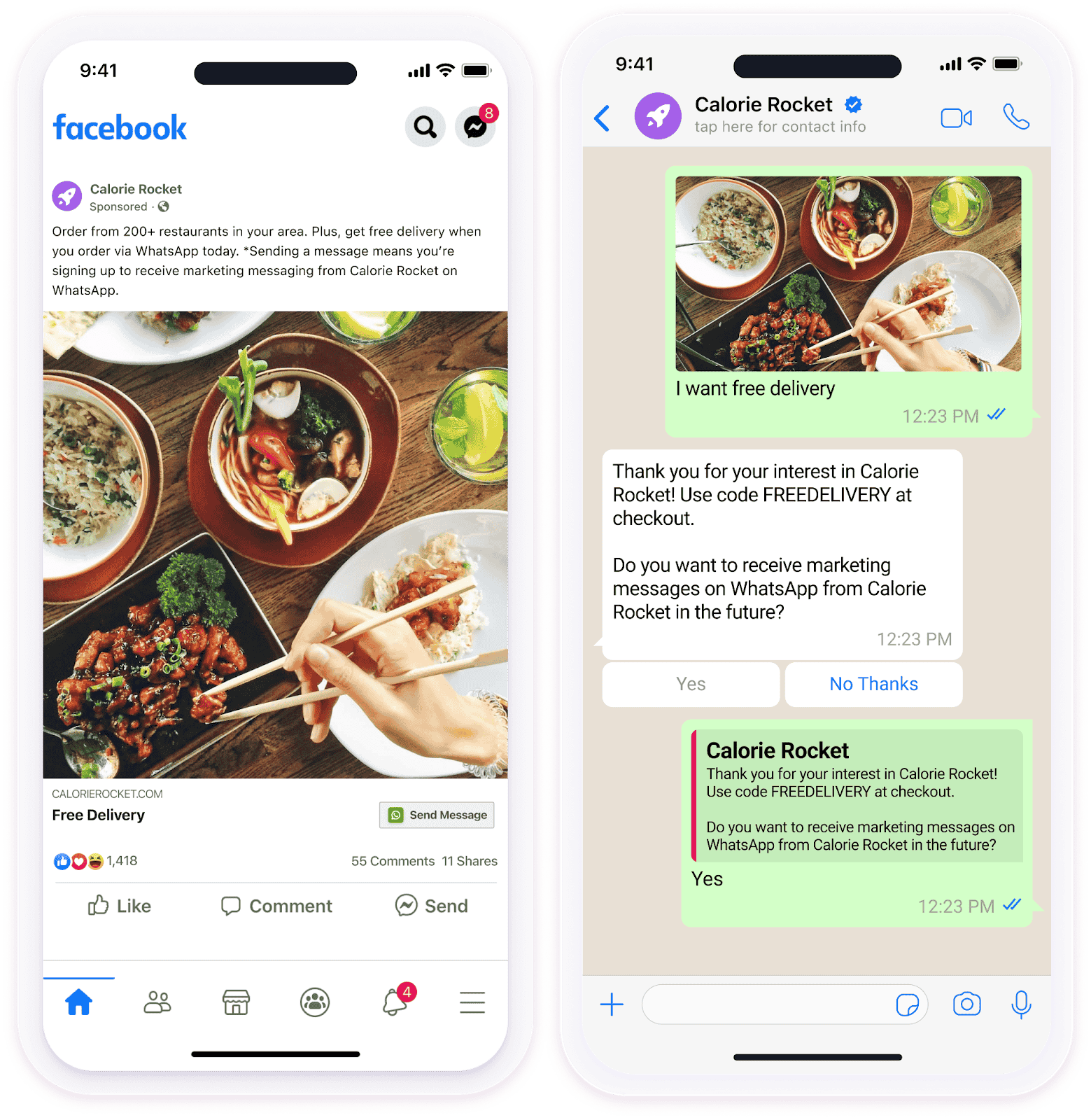 Calorie Rocketの無料配達を宣伝するFacebook広告と、ユーザーが広告のボタンを選択した際に表示されるWhatsApp会話。
