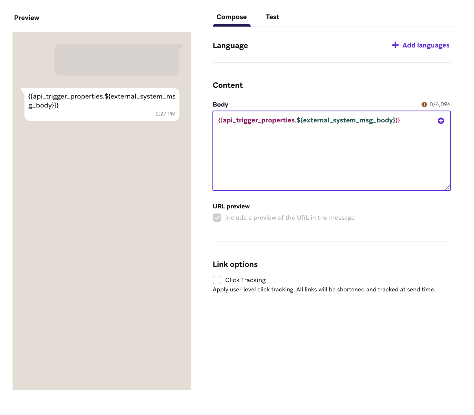トリガープロパティを含むメッセージボディを持つメッセージ作成画面。